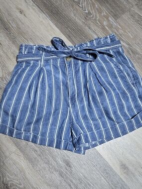 Vintage American Eagle Outfitters Blue and White Striped Paperbag Shorts Size 0